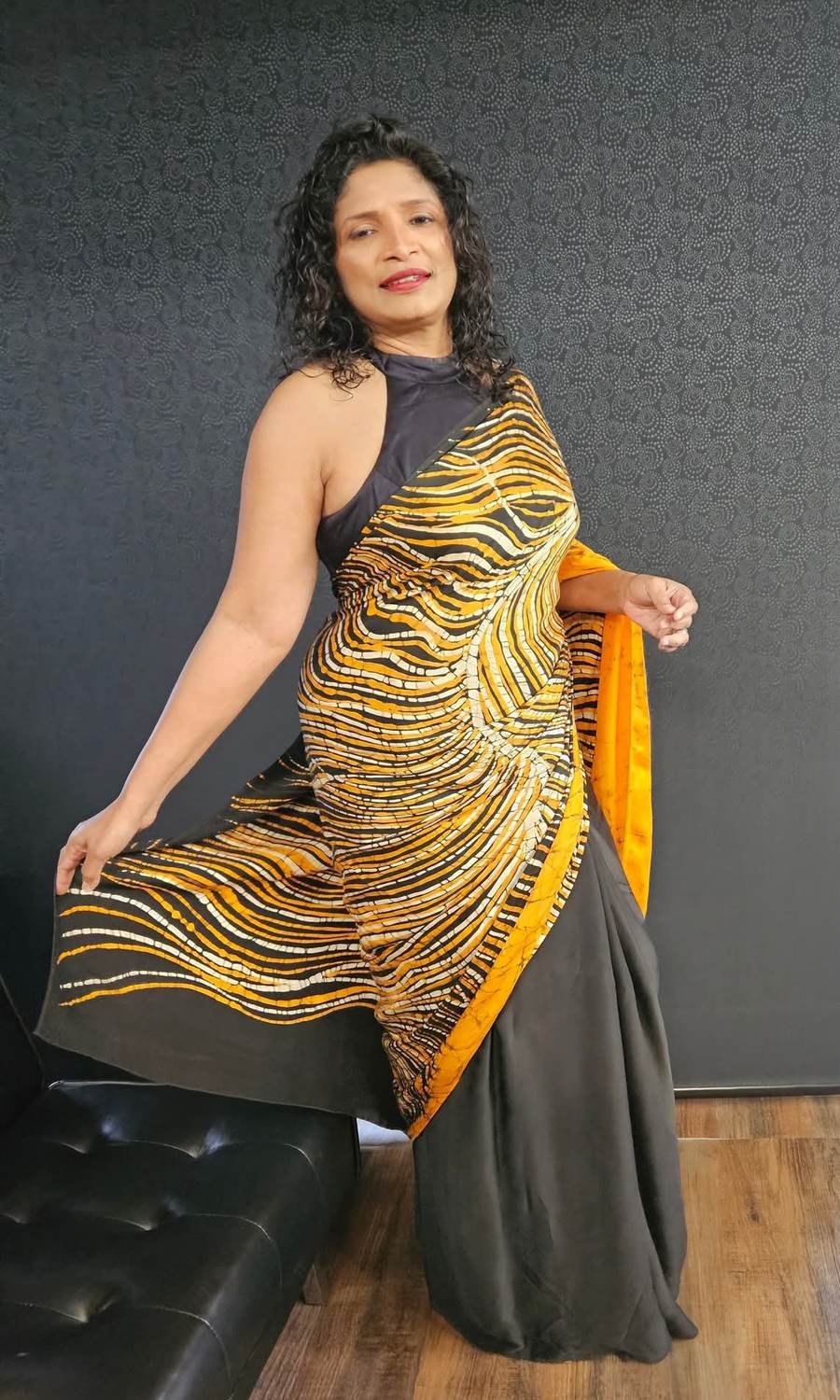 Black and gold saree drape
