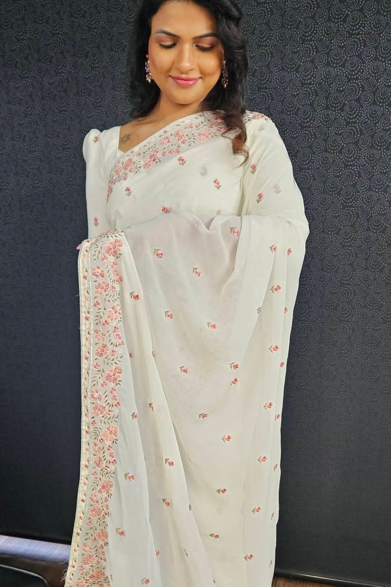 Ivory saree with pearl detail