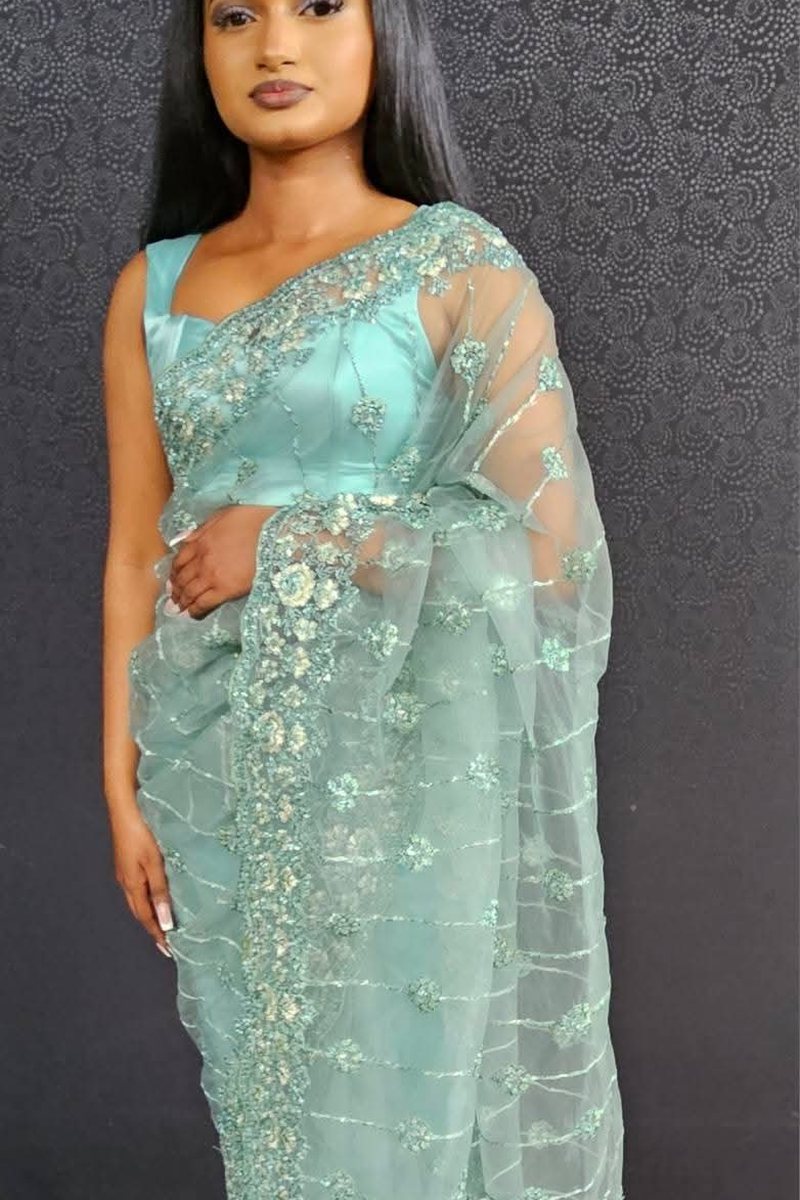 Sea green net saree