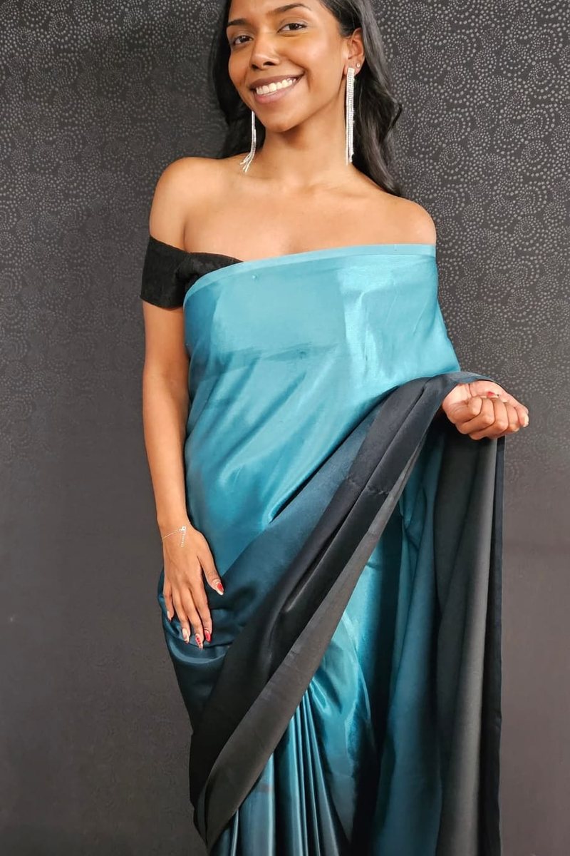 Teal and black two-tone saree